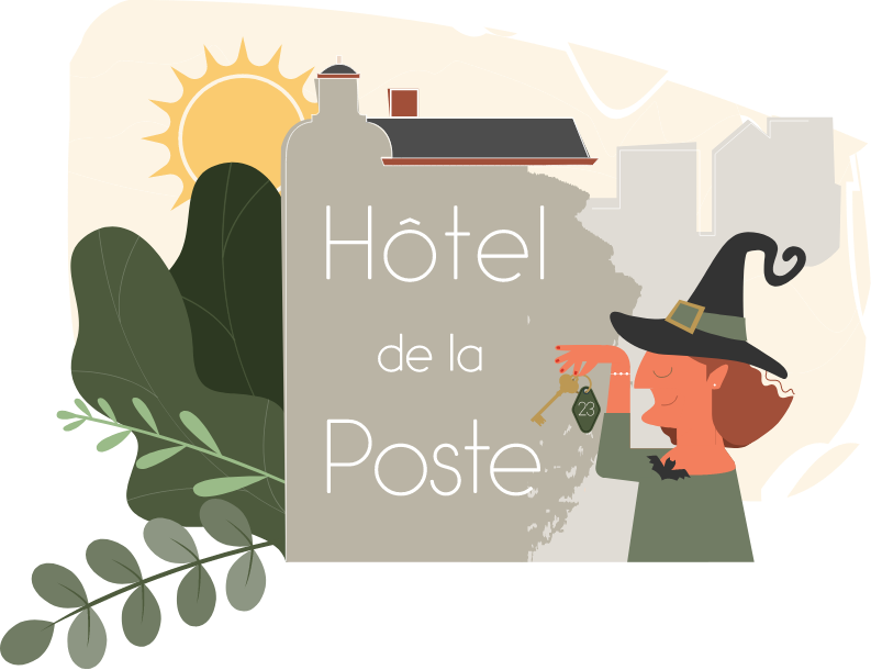 logo de l'hôtel avec une sorcière du pays des collines