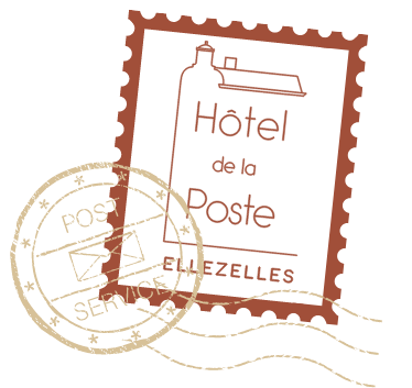 Logo de l'hôtel de la poste dans un timbre et avec un cachet contenant une enveloppe